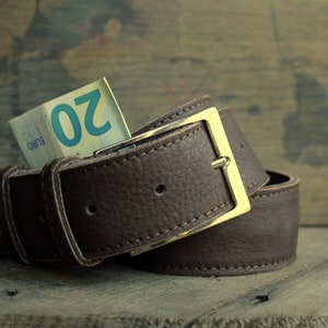 Ceinture de voyage porte billet en cuir, cachette avec fermeture éclair marron + argent