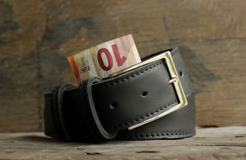 Ceinture de voyage porte billet en cuir, ceinture à cachette avec fermeture éclair noir + argent