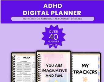 May include: A digital planner for people with ADHD. The cover features a watercolor background with stars and the text "You are imaginative and fun." The planner includes over 40 pages with sections for an index, daily planner, trackers, and mental health planning.