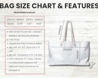 Weekender Bag Mockup-Weekender Bag Size Chart-Canvas Tote Mockup-Generic Brand Weekender Bag Printify Mockup-Weekender Bag Mock Up Size