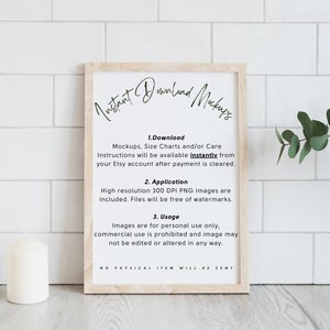 May include: A framed sign with the text "Instant Download Mockups" and instructions for downloading mockups, size charts, and care instructions. The sign is on a white tiled background with two white candles and a sprig of greenery.