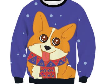 Cute Corgi dog smiling with scarf allover print / full-print/ Women's / Men's Sweatshirt / Birthday gift / Christmas present / Active wear