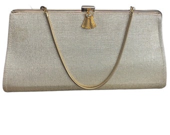 Vintage Gold Metallic Evening Clutch with Tassel & Rhinestone