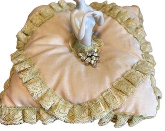 Antique 1920s German Porcelain Half Doll Pin Cushion • Boudoir Doll • Art Deco Flapper Figurine