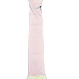 May include: A pale pink scarf with cream-coloured faux fur trim at each end. The scarf is long and rectangular, made from a soft material. A small tag is attached to the scarf.