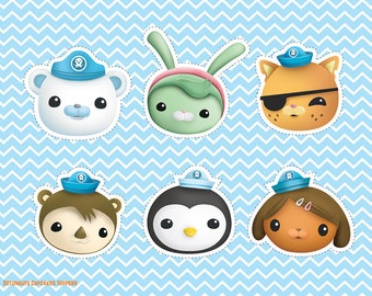 May include: Six printable cupcake toppers featuring characters from the children's TV show Octonauts. The characters are a polar bear, a rabbit, a cat, a monkey, a penguin, and a dog. Each character is wearing a blue and white sailor hat with a skull and crossbones emblem. The background is a blue and white chevron pattern. The text "Octonauts Cupcakes Toppers" is at the bottom of the image.
