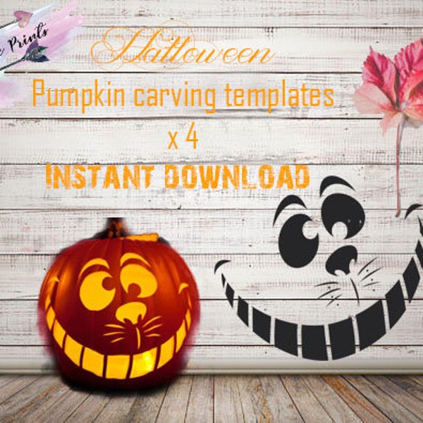 Halloween pumpkin carving template stencils instand download and print  A 1 x Cheshire cat 1 x Frankenstein 1 x Skeleton 1 x Ghost