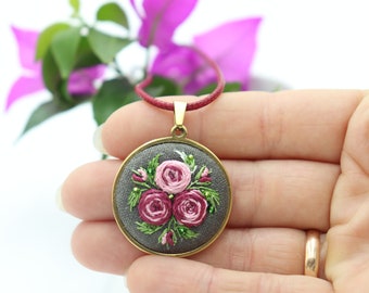 Ukraine seller jewelry shop - ukrainian embroidered necklace, burgundy flower necklace as birthday gift for her