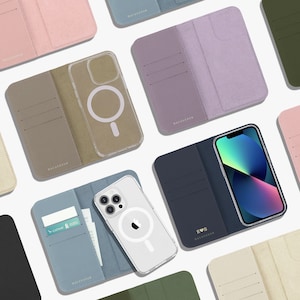 Funda de cuero MagSafe con tapa para iPhone 16 con funda transparente con personalización por grabado/relieve Funda personalizada para iPhone con tarjetero