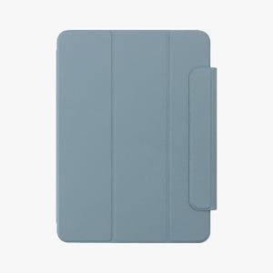 May include: A light blue tablet case with a textured finish and a tri-fold cover design. The case features a vertical magnetic closure flap on the right side, with a rectangular shape and rounded corners, providing a sleek and protective exterior.