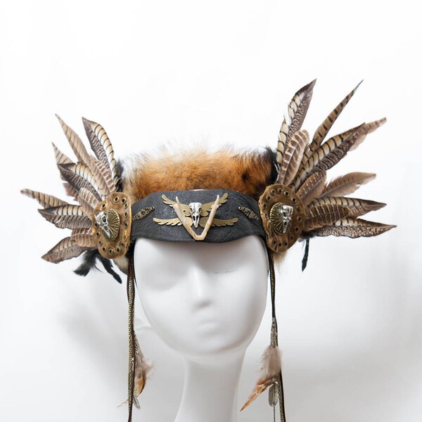 Bone Shaman - feathered festival fantasy unisex gothic tribal headdress steampunk mythical feather wasteland crown