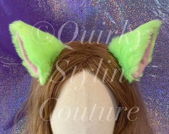 UV glow Lime green Cat ears hair clips Kitty ears cosplay festival fluffy furry kawaii gothic rave costume ddlg petplay kitten accessory