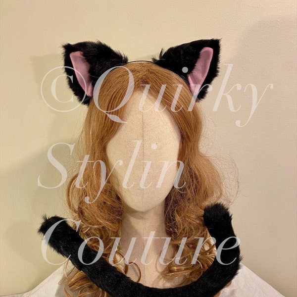 Black Pink cat kitty ears & tail set furry cosplay kawaii decora gothic lolita maid festival rave kitten ear kittenplay petplay ddlg costume