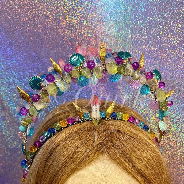 Rainbow Mermaid quartz crystal shell Halo crown headband beaded festival pride goddess headdress tiara witch fae elven headpiece