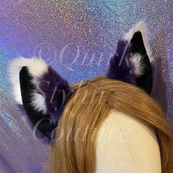 Dark Purple white tip Fox ears headband cosplay costume festival rave canine wolf yokai cute kittenplay cat petplay furry gothic dog ears