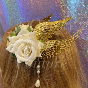 White gold magic wings headpiece PAIR kanzashi yokai pixie fairy forest angel hair clips cosplay fantasy valkyrie festival rave accessories
