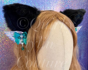 Mystic Angel black green luxury Cat Ears hologram wings kitten lolita gothic rave cosplay furry fox festival party wolf kitty ear headband