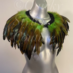 Green feather collar gothic cape lime brown black jungle alternative festival steampunk shawl pinup rockabilly burlesque statement piece
