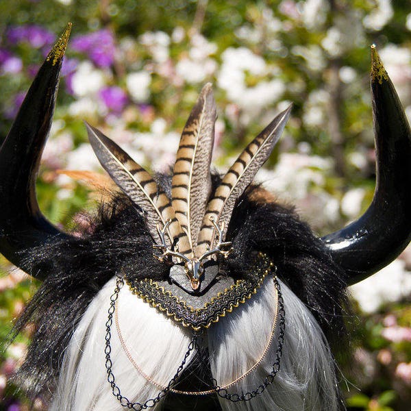 Tribal gothic fantasy horns unisex headdress feather horned demon crown larp doof men's cosplay festival