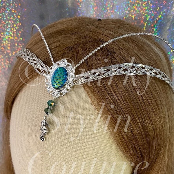 Mermaid circlet woven silver Teal sunset scale lotr tiara elven crown fantasy festival seahorse headdress larp cosplay edm fairy headpiece