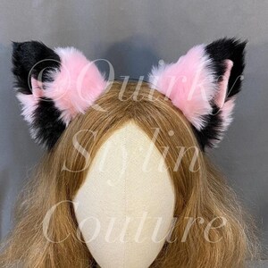 Pastel Pink Black plush tufted fox ears headband costume rave festival cartoon gothic foxy ears cosplay furry fluffy kawaii party cat ears