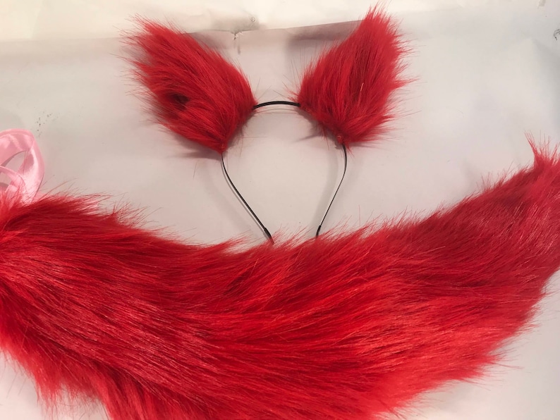 Deep red Fox tail and ears headband red set kawaii fox or wolf canine furry petplay festival cosplay rave fox ears and tail