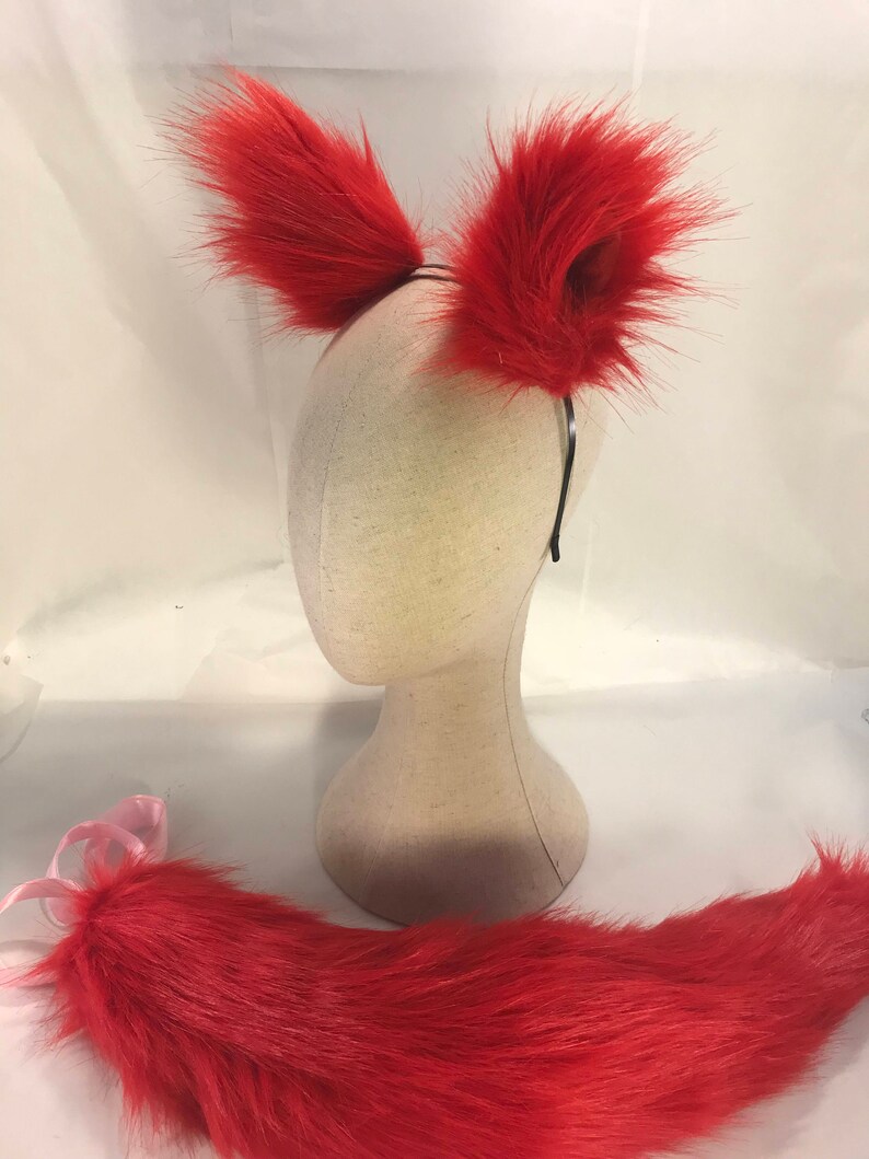 Deep red Fox tail and ears headband red set kawaii fox or wolf canine furry petplay festival cosplay rave fox ears and tail