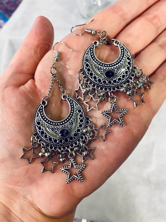 4 Wrap-Hook Crystal Earrings  & 3 Silver Hair Pins Celestial Rhinestones Vintage Kyanite Moon Ear Cuff: Silver Celestial Dangle Ear Wrap, No  main image 4