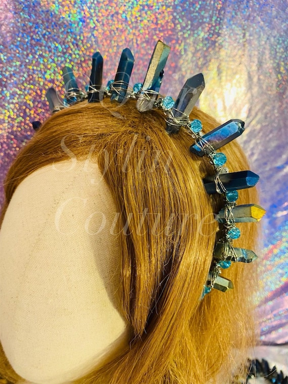 Quartz Aura Crystal Crown Blue Points Spike Headband Pastel 