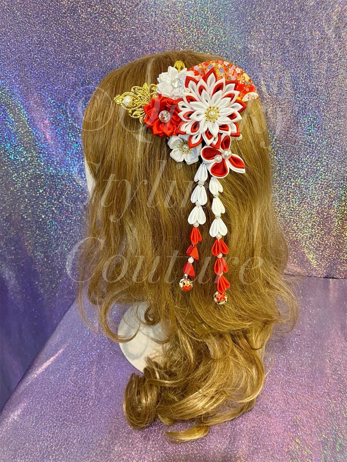Kanzashi Floral Pearl Fan Sakura Hair Clip Red White Bell Kanzashi Floral Pearl Fan Sakura Hair Clip Red White Bell