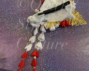 Kanzashi Floral Pearl Fan Sakura Hair Clip Red White Bell