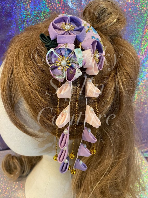 Kanzashi Hair Clip Cherry Blossom Floral Pearl Lavender 