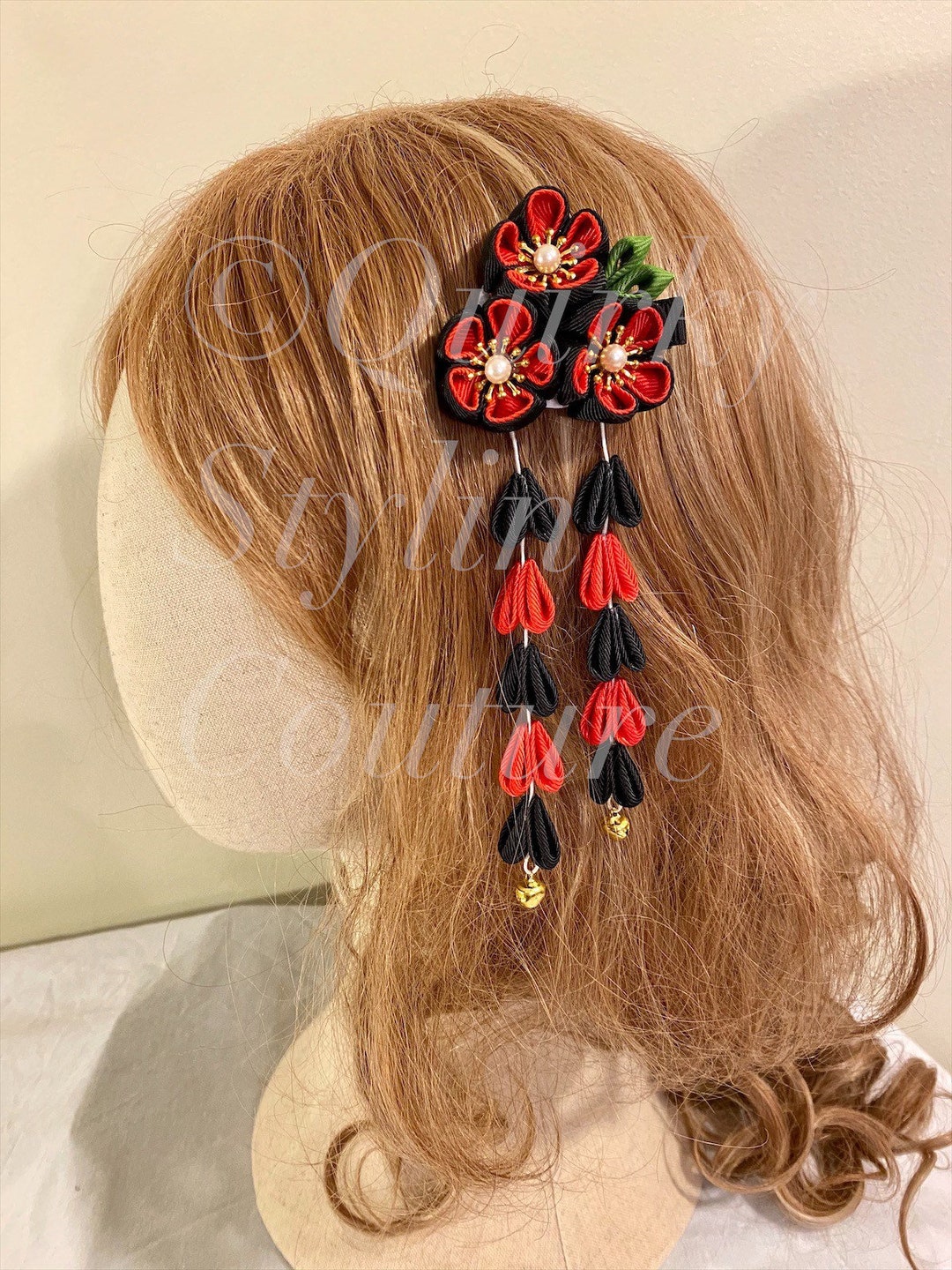 Black & Red Kanzashi Hair Clip Cherry Blossom Floral Pearl Bell