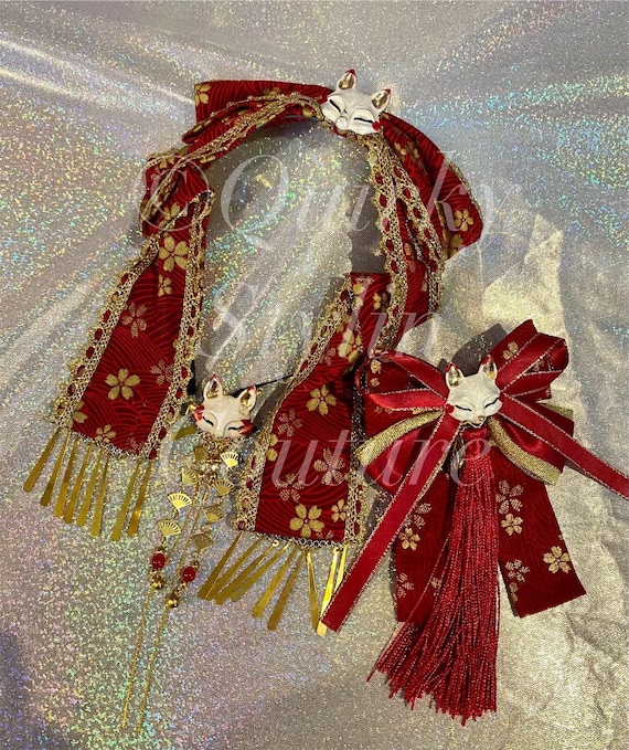 Vintage Japanese Kimono silk Sakura bow large hair clip piece Japanese Tassel Bow Hair Clip Fox Hairpin Kimono Hair Band  main image 2