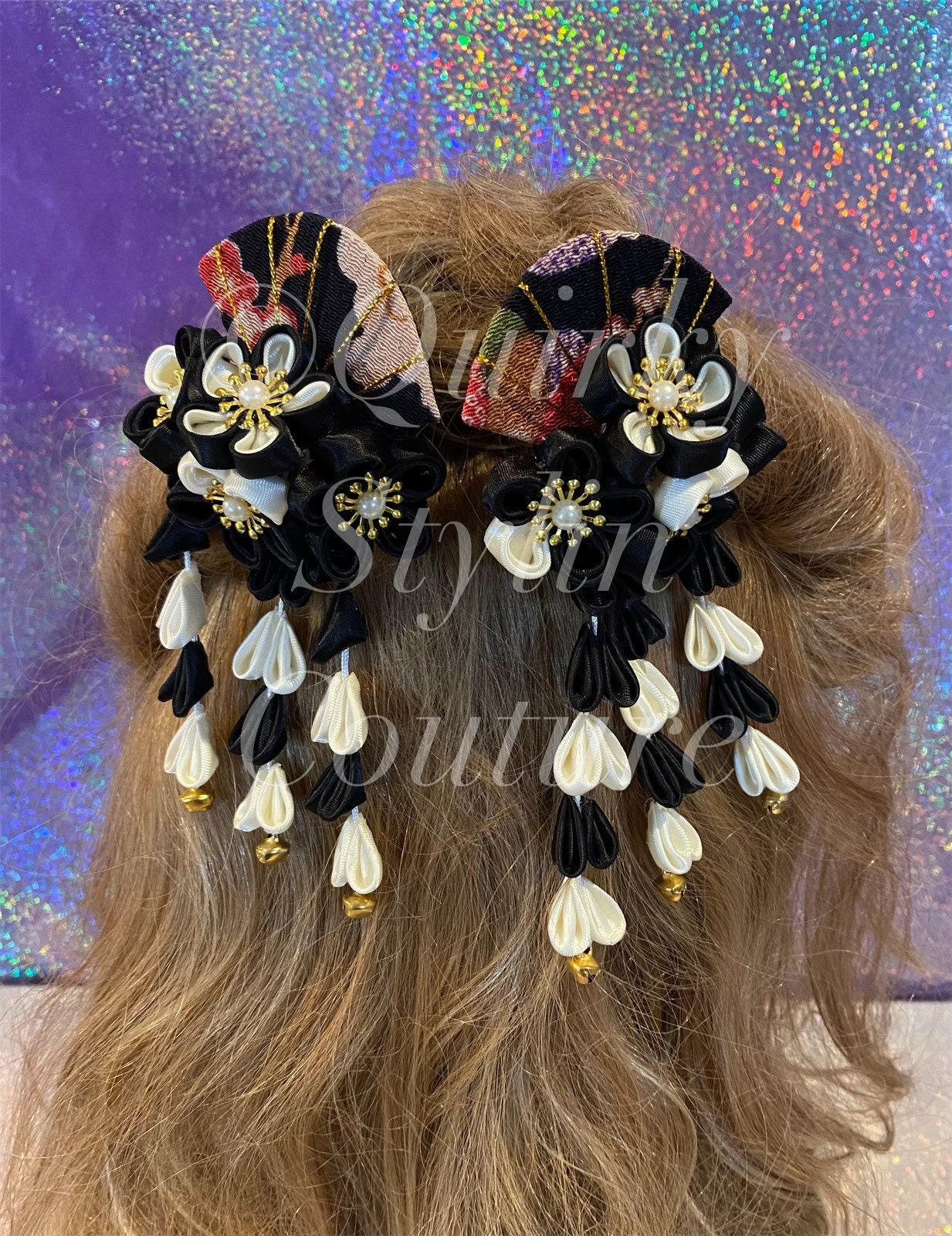 PAIR Kanzashi Hair Pins Floral Pearl Sakura Black & White
