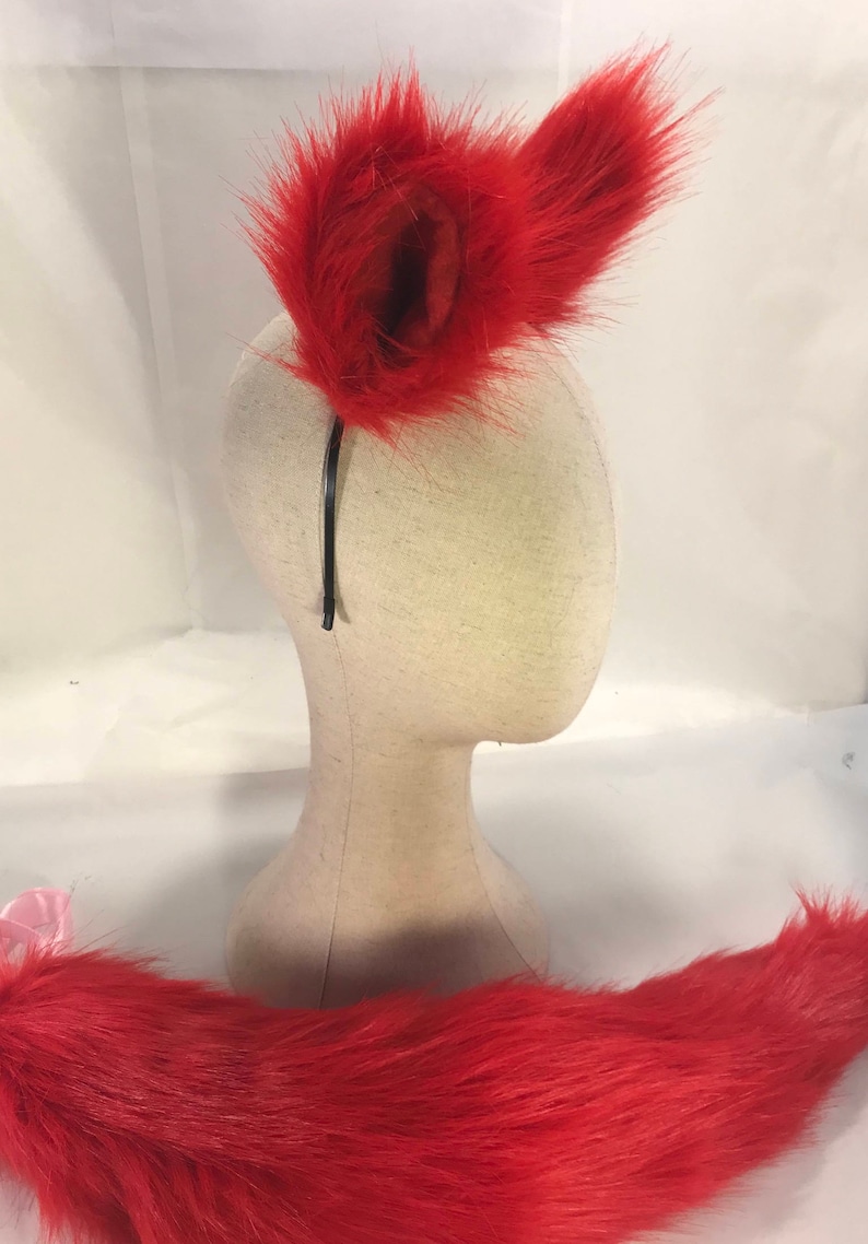 Deep red Fox tail and ears headband red set kawaii fox or wolf canine furry petplay festival cosplay rave fox ears and tail