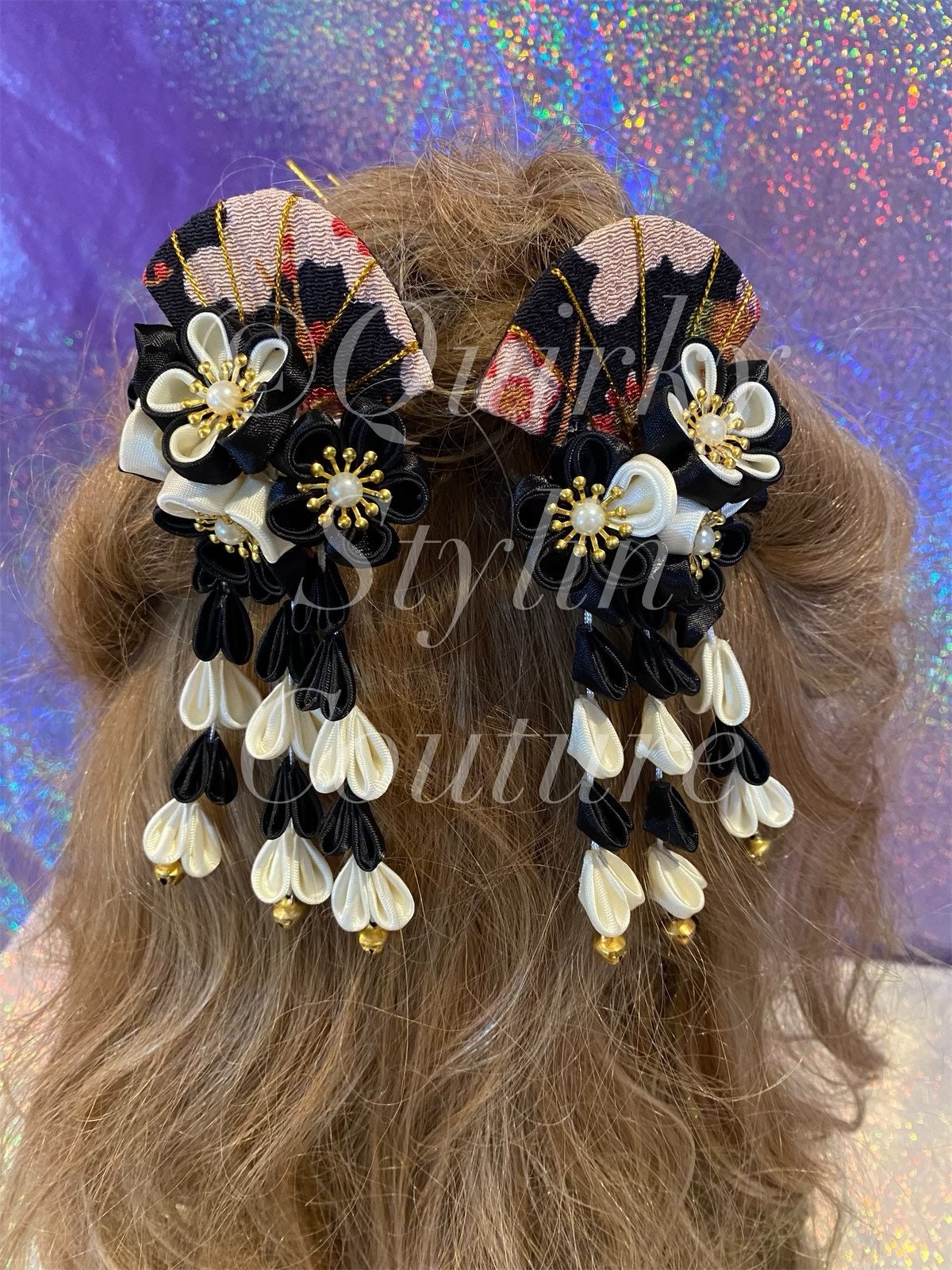 PAIR Kanzashi Hair Pins Floral Pearl Sakura Black & White 