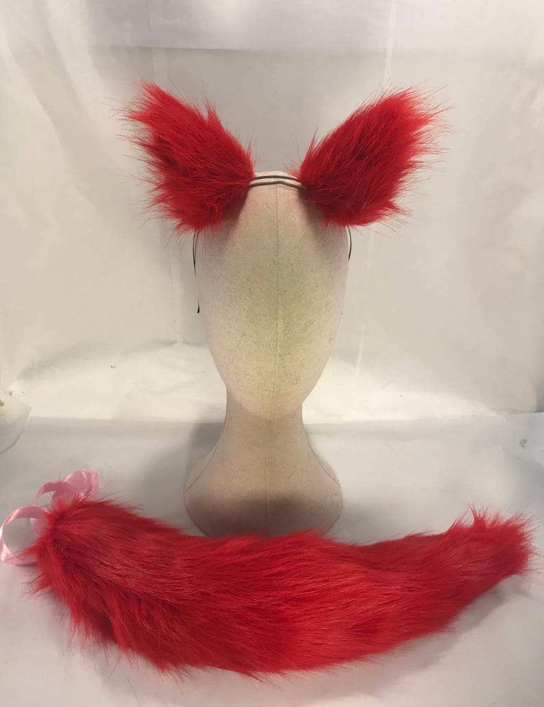 Deep red Fox tail and ears headband red set kawaii fox or wolf canine furry petplay festival cosplay rave fox ears and tail