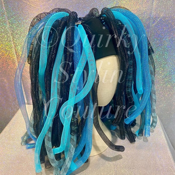 Teal turquoise blue & black Cyberlox hair falls ponytails cosplay Gothic rave festival hair accessory EDM dreadlocks cyber headpiece wig