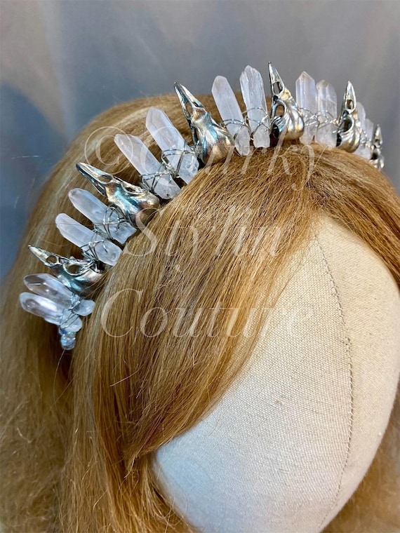 White Clear Quartz Crystal Crown Silver Bird Skull Headband  display picture 1