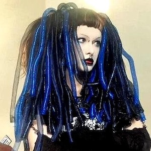 Dark Blue & black Cyberlox hair falls PAIR Set Gothic dance rave cyberpunk festival hair accessory bellydance dreadlocks EDM wig headpiece