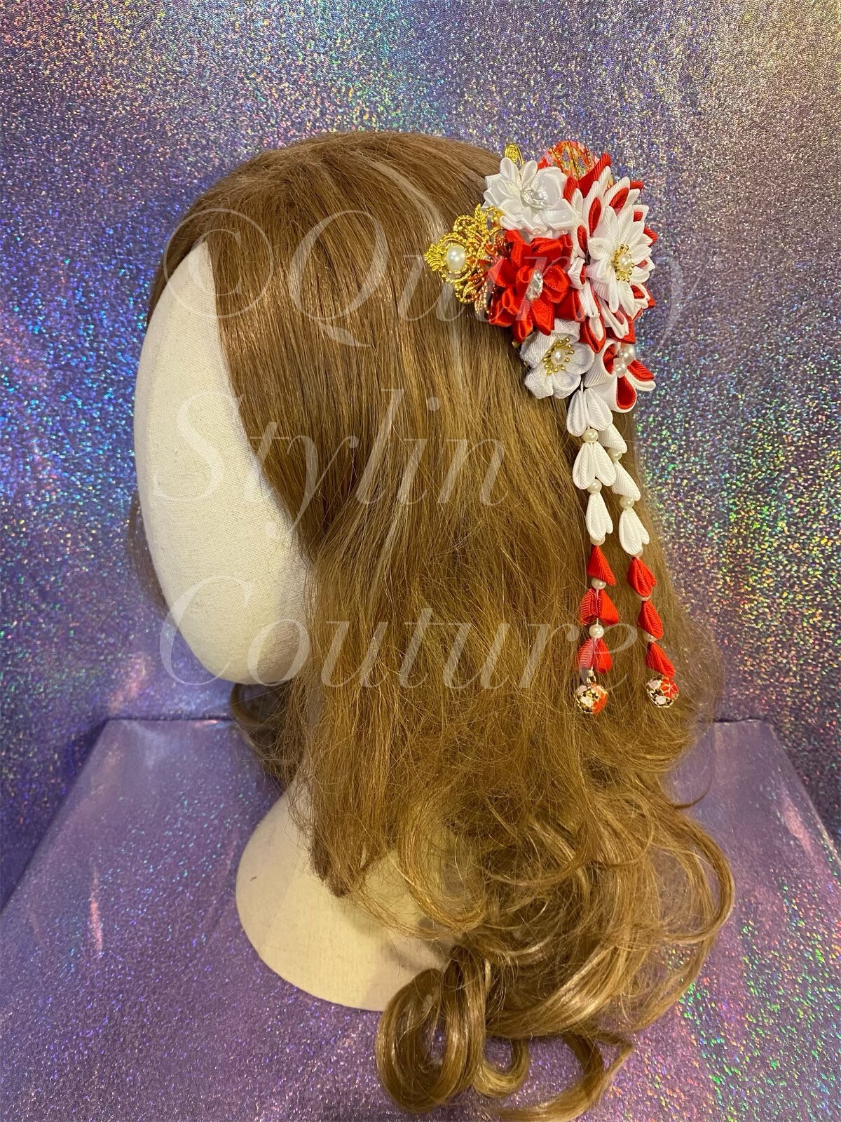 Kanzashi Floral Pearl Fan Sakura Hair Clip Red White Bell Yukata