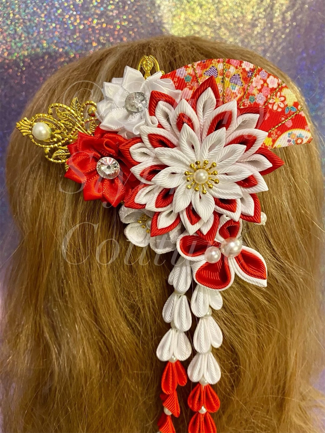 Kanzashi Floral Pearl Fan Sakura Hair Clip Red White Bell Yukata