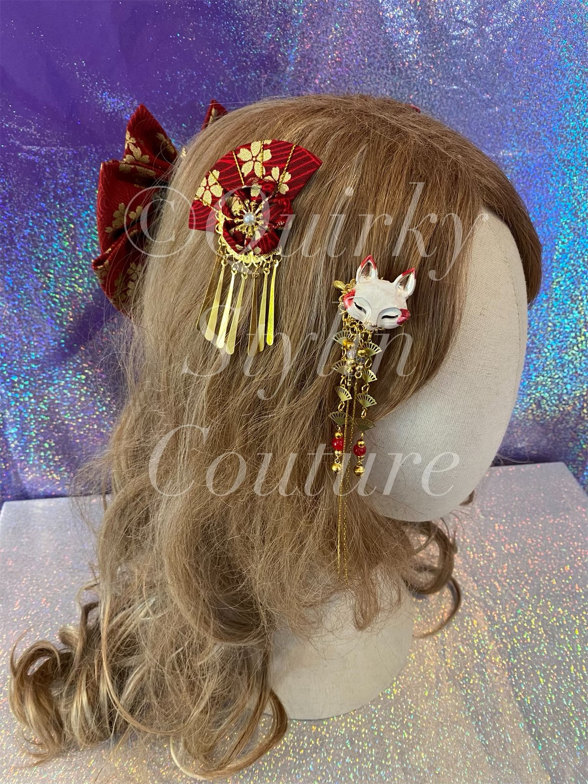 Red Kitsune Fox Sakura Kanzashi Hair Clip 4 Piece Set Yokai Cherry