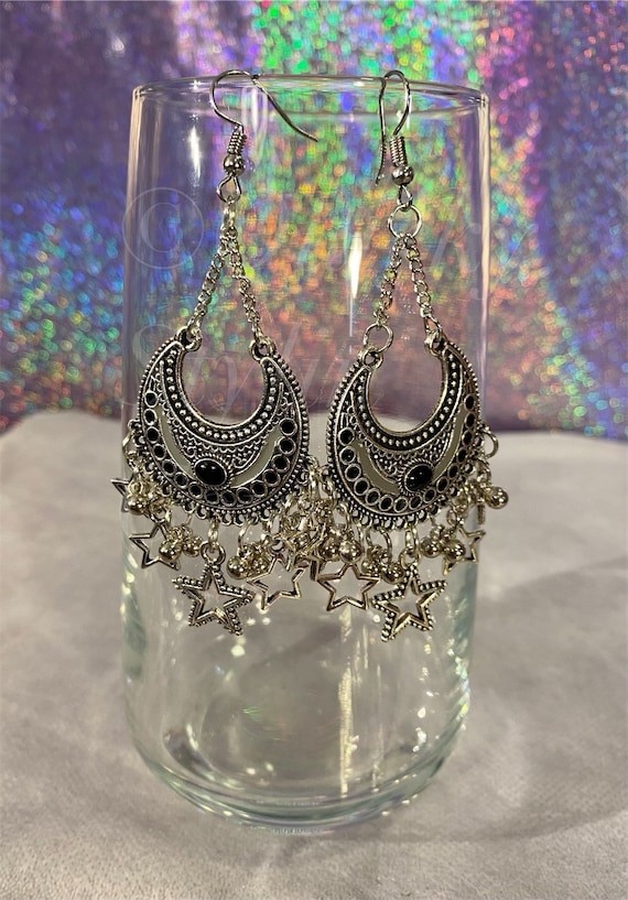 Dangle Tribal Moon & Star Earrings Silver Black Drop  display picture 2