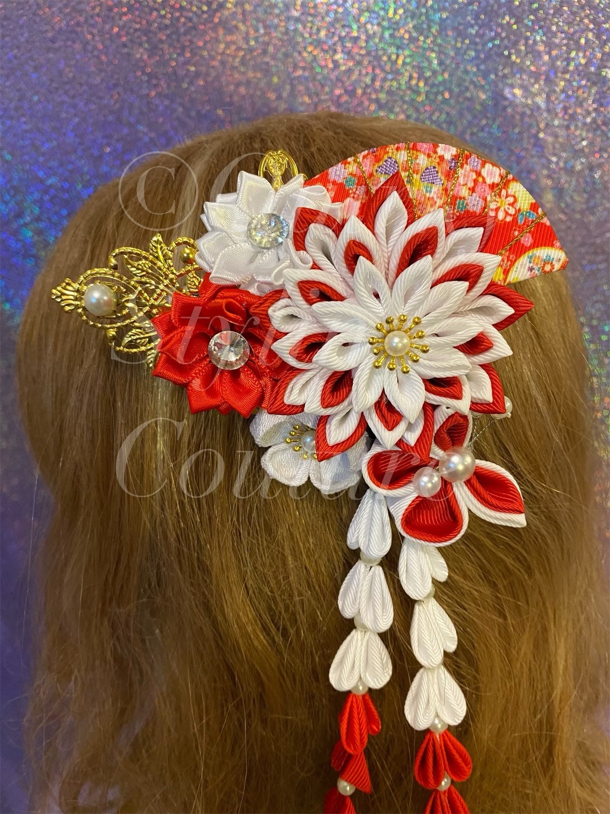 Kanzashi Floral Pearl Fan Sakura Hair Clip Red White Bell