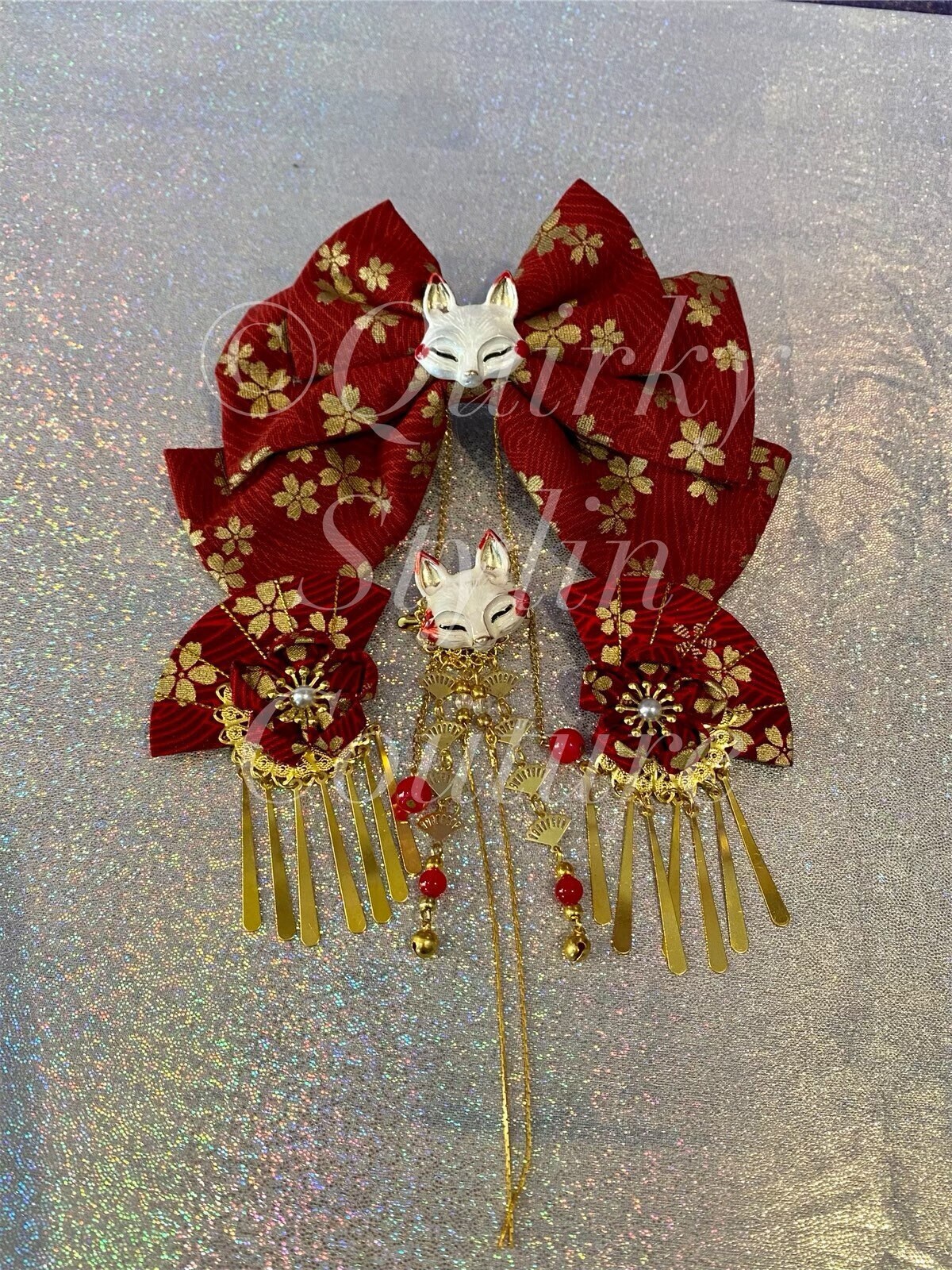 Red Kitsune Fox Sakura Kanzashi Hair Clip 4 Piece Set Yokai Cherry
