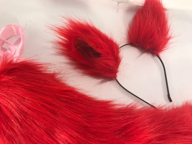Deep red Fox tail and ears headband red set kawaii fox or wolf canine furry petplay festival cosplay rave fox ears and tail