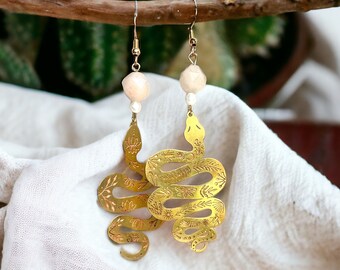 Boho snake dangling gemstone earrings, Brass pearl gemstone earrings, snake earrings, statement earrings