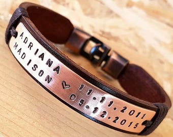 Personalized leather gift For man Bracelet for dad Gift for Father Leather Bracelet for Men Coordinate Bracelet Father&#39;s Day gift